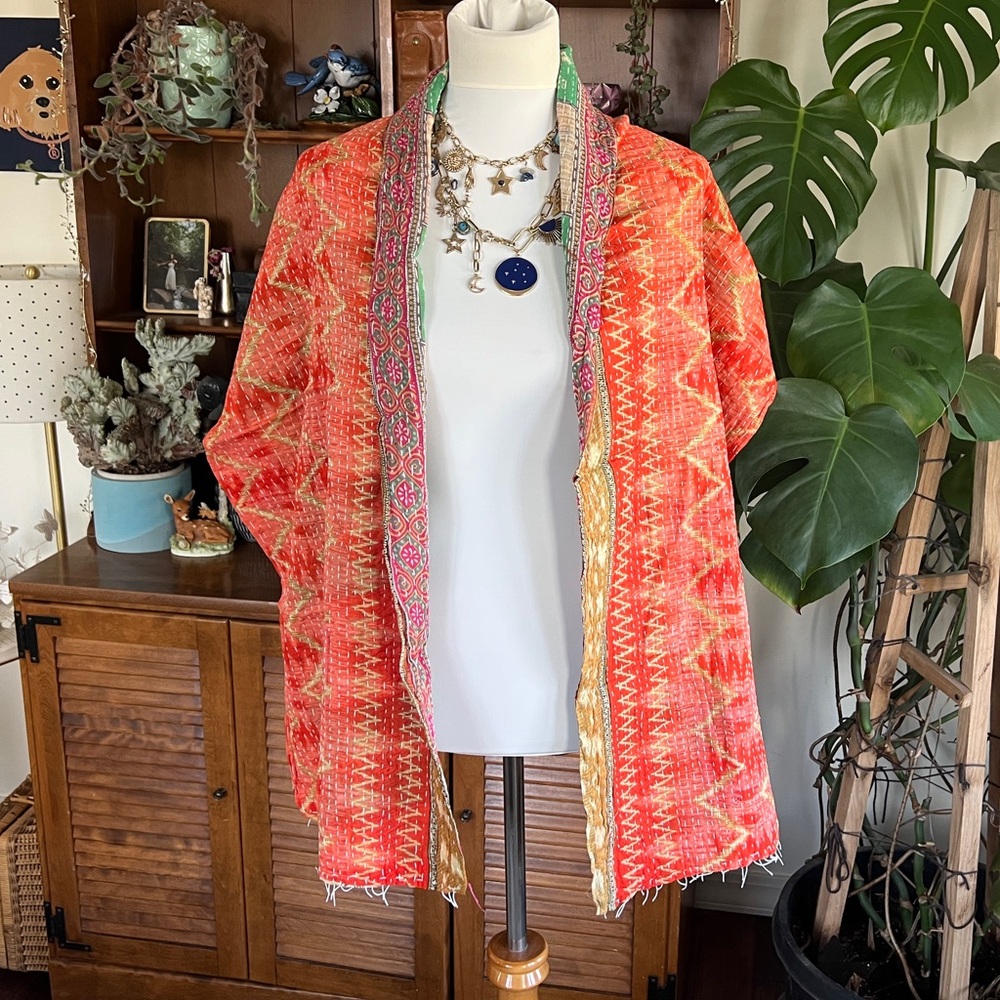 Kantha Vibrant Multicolor Scarf Wrap Shrug or Table Runner Decor NWOT - Picture 8 of 13